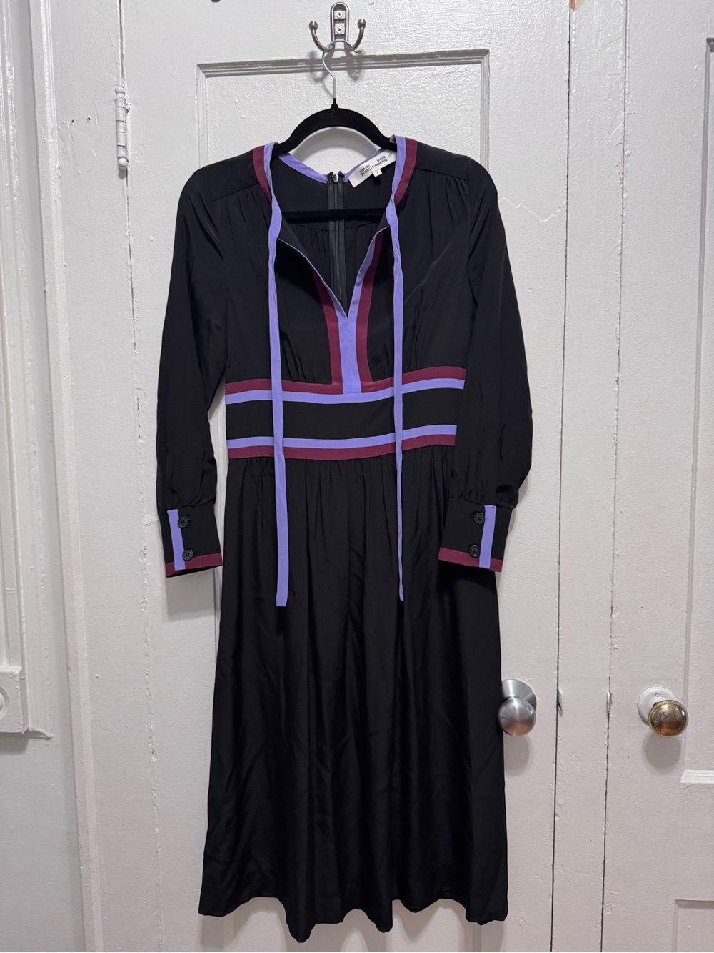 Diane Von Furstenberg Black Midi Dress with Purple and Pink Trim